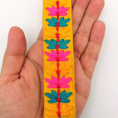 Yellow Cotton Fabric Trim with Floral Embroidery in Blue, Pink, Yellow and Red